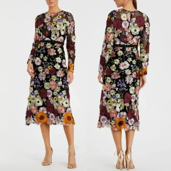 $598 Mac Duggal Womens High Neck Black Floral Embroidery Long Sleeve Midi Dress - Picture 3 of 6